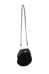 Vivienne Westwood women’s black velvet clutch with a sleek leather top and silver hardware featuring the logo