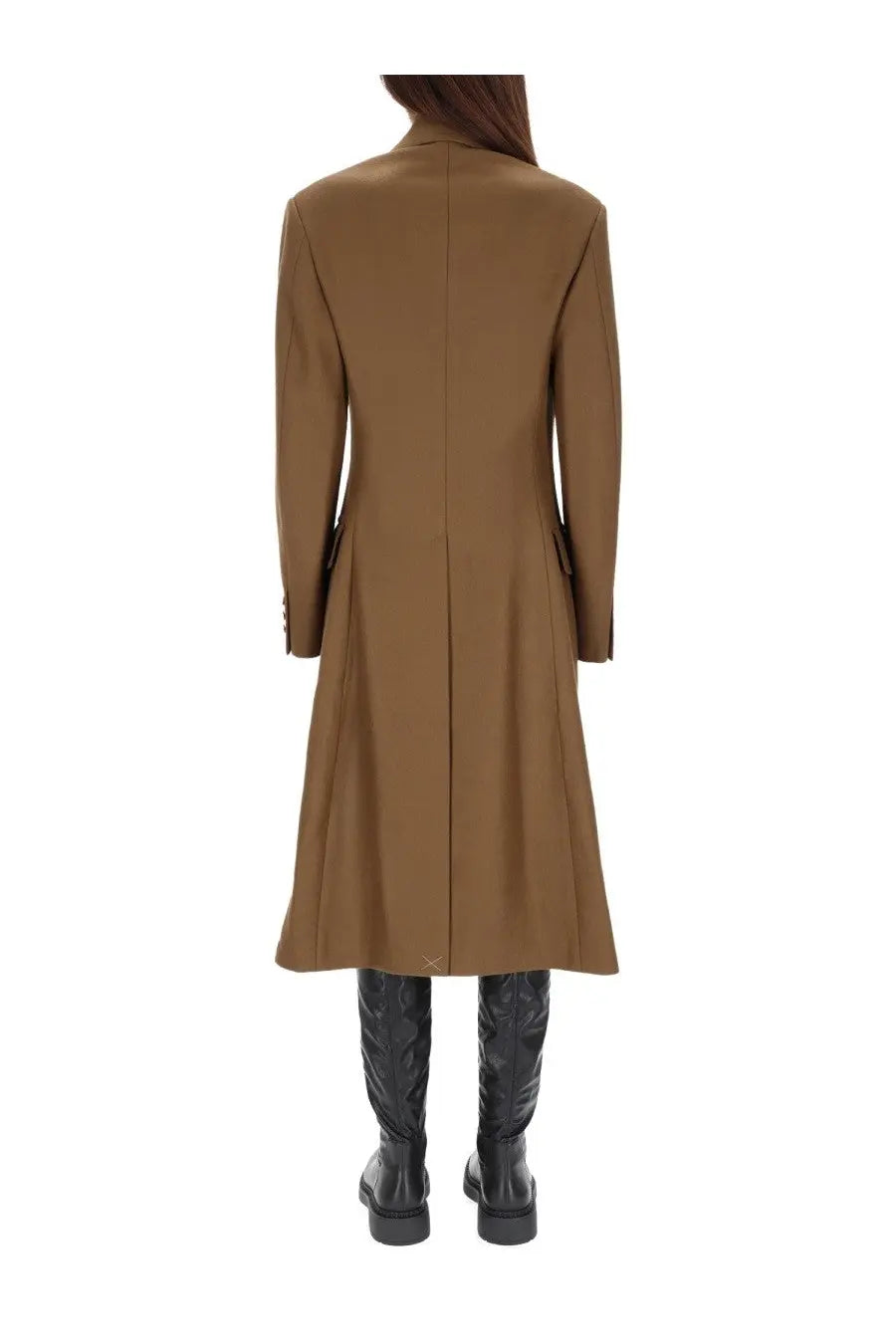 Back view of vivienne westwood women’s camel-colored wool coat winton with a straight back and subtle pleats at hem