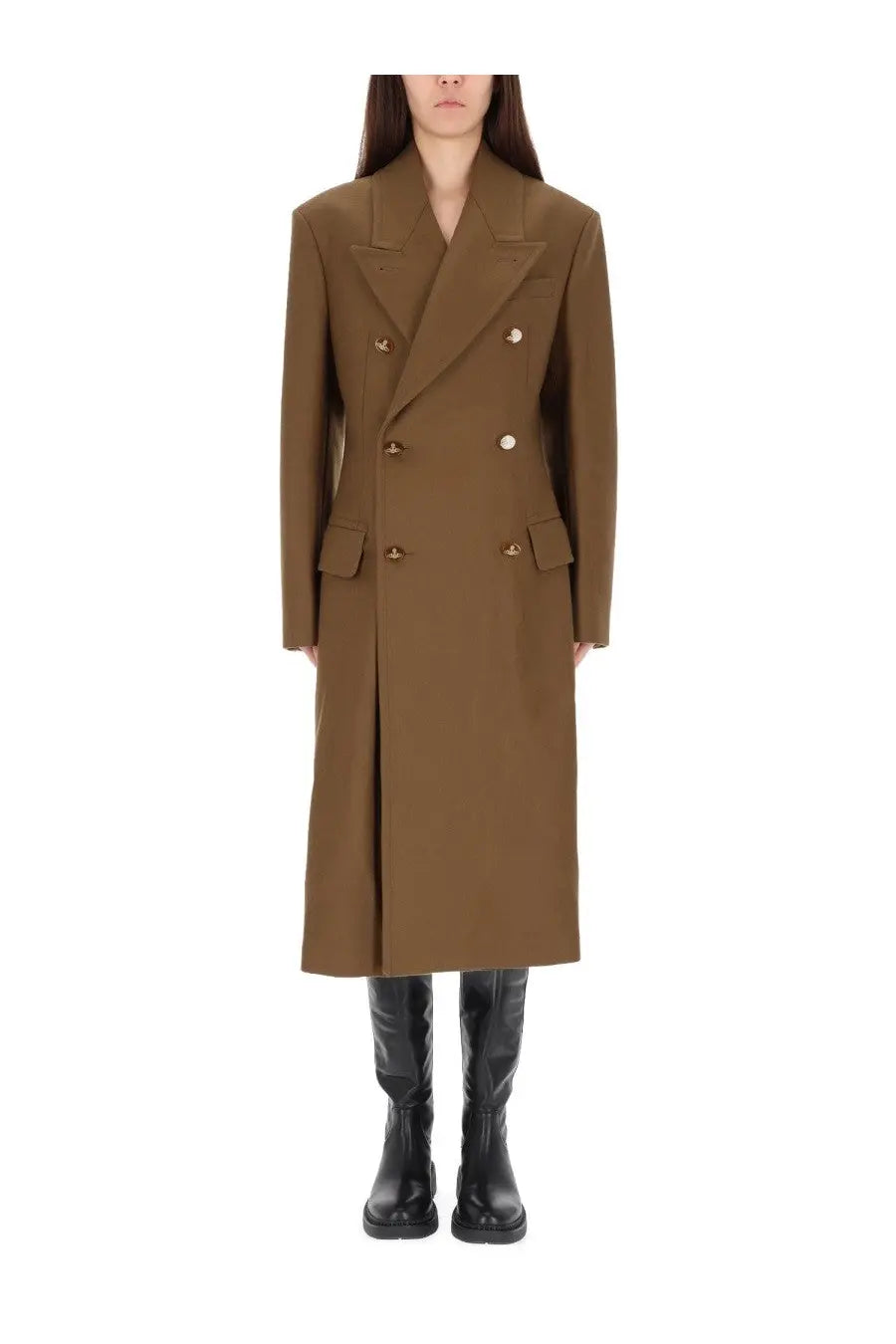 Vivienne Westwood women’s olive brown double-breasted trench coat with gold buttons and flap pockets
