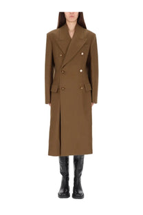 Vivienne Westwood women’s olive brown double-breasted trench coat with gold buttons and flap pockets