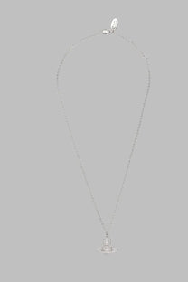 Silver chain necklace with a diamond-encrusted orb pendant and gold vivienne westwood logo tag for women