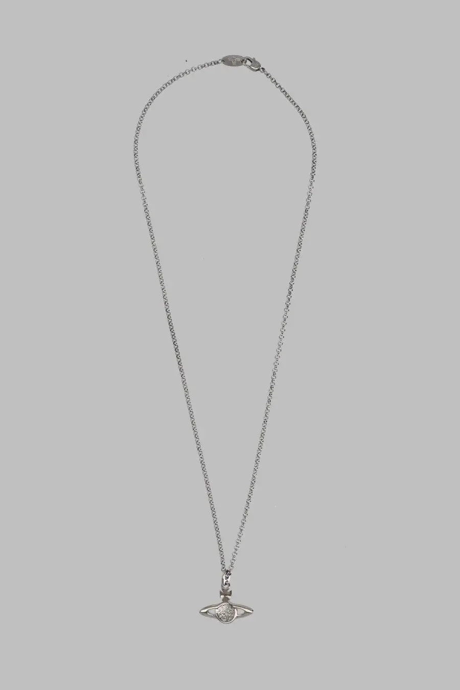 Silver chain necklace with a small winged pendant and central diamond accent from vivienne westwood orb mini bas relief black collection