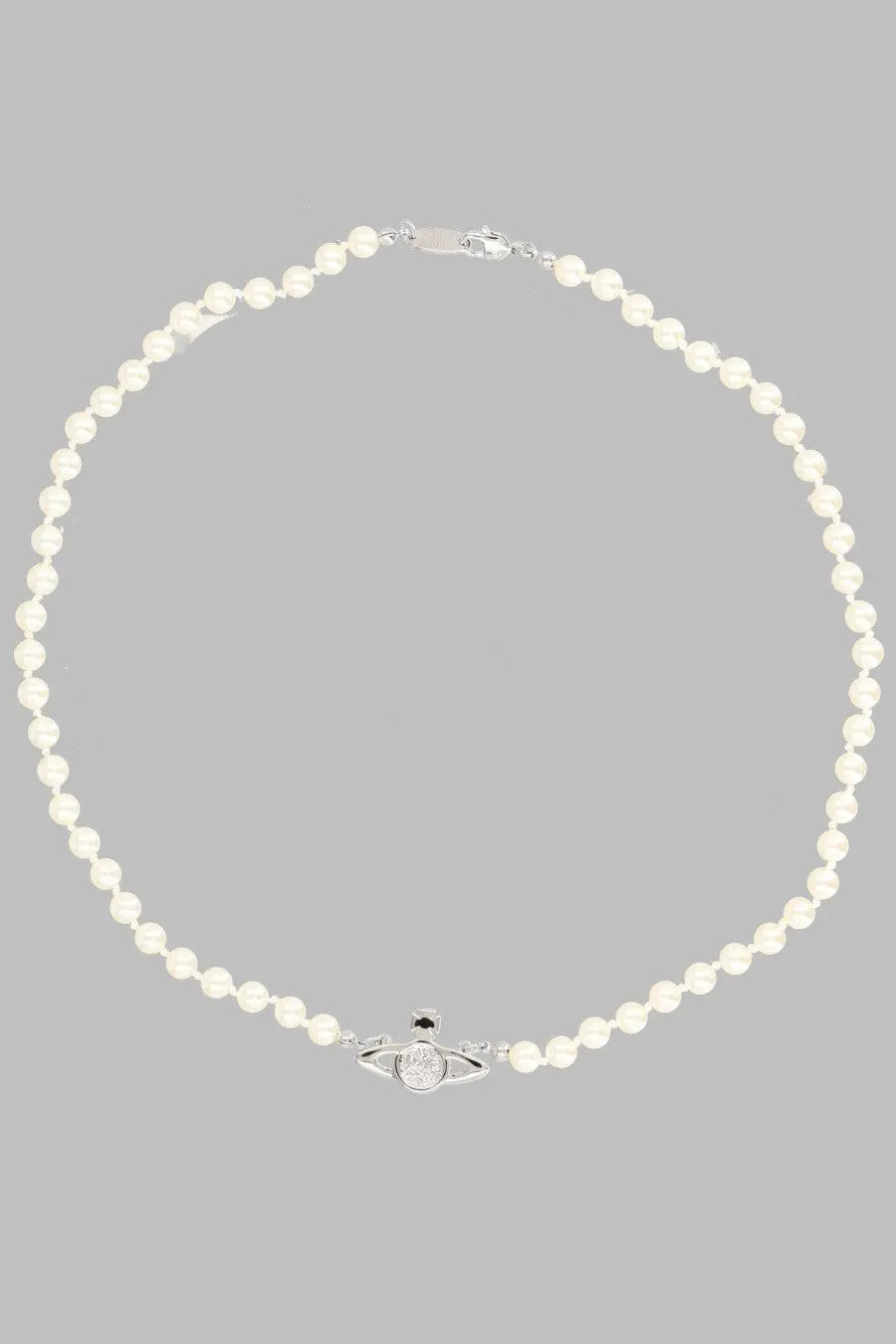 A delicate white pearl necklace with a silver-toned vivienne westwood orb clasp from collana di perle collection