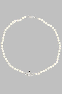 A delicate white pearl necklace with a silver-toned vivienne westwood orb clasp from collana di perle collection