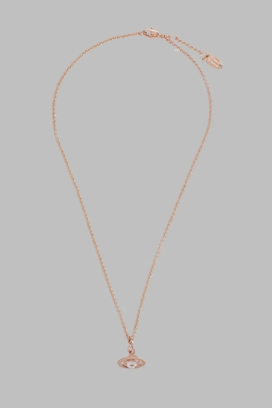 Rose gold chain necklace featuring classic Vivienne Westwood orb pendant with central pearl in womens collana new petite design