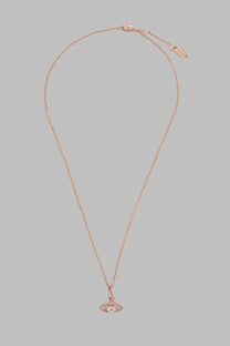 Rose gold chain necklace featuring classic Vivienne Westwood orb pendant with central pearl in womens collana new petite design