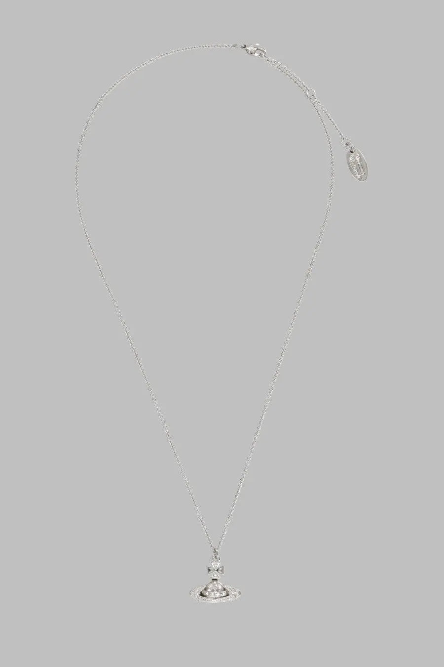 Vivienne Westwood women’s silver chain necklace with diamond-encrusted planet pendant and orb logo tag