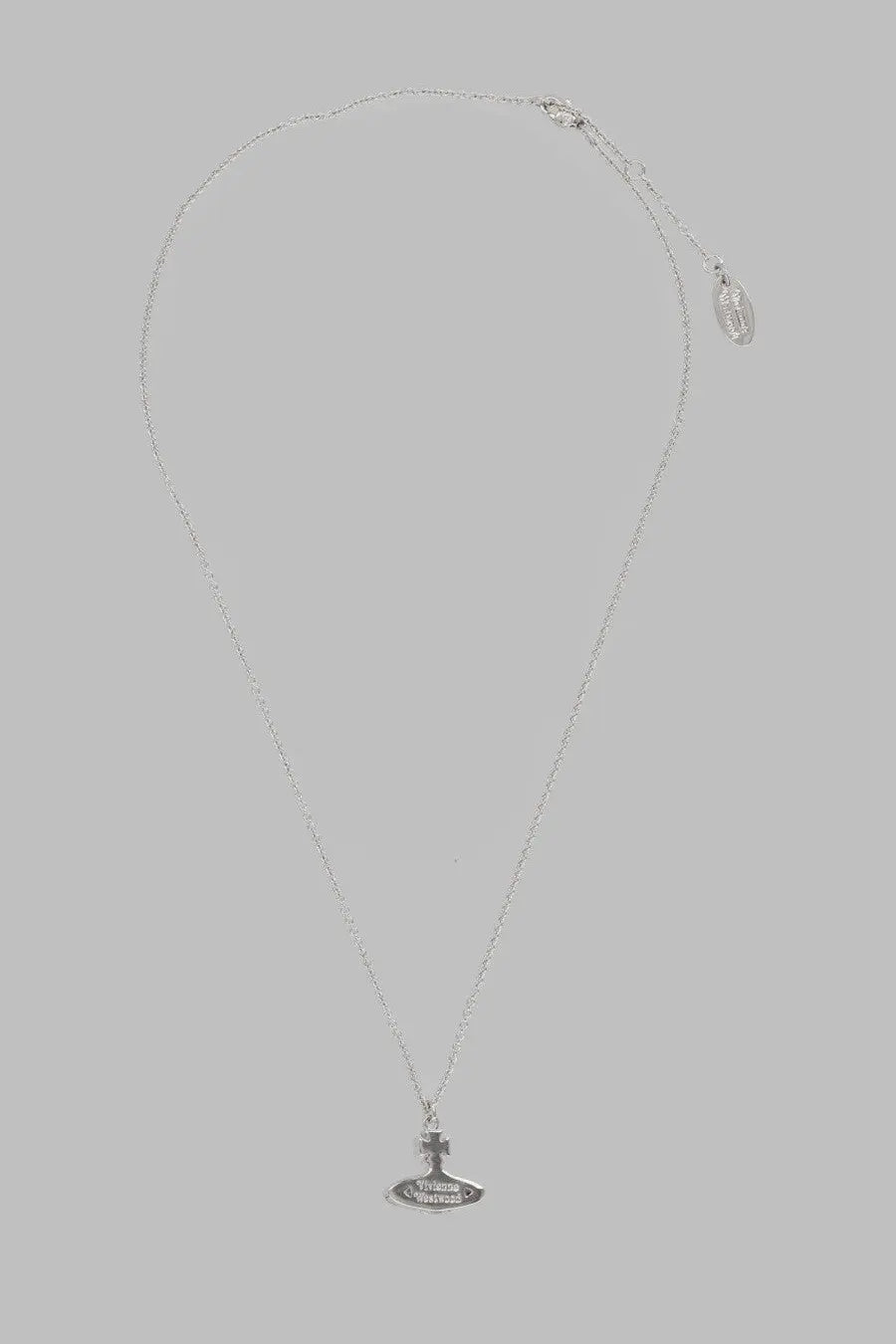 Silver chain necklace with classic vivienne westwood orb pendant featuring engraved branding in silver