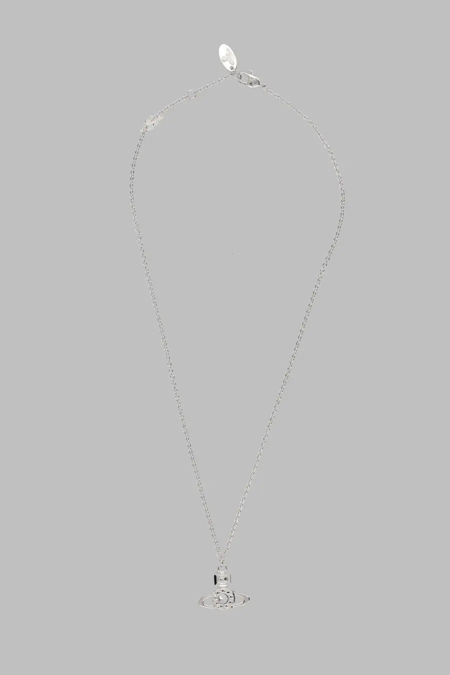 Vivienne Westwood women’s silver chain necklace with large orb pendant and detailed small tag at clasp