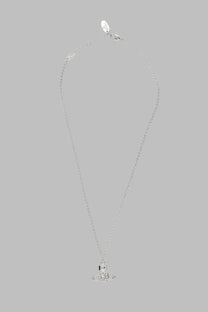 Vivienne Westwood women’s silver chain necklace with large orb pendant and detailed small tag at clasp