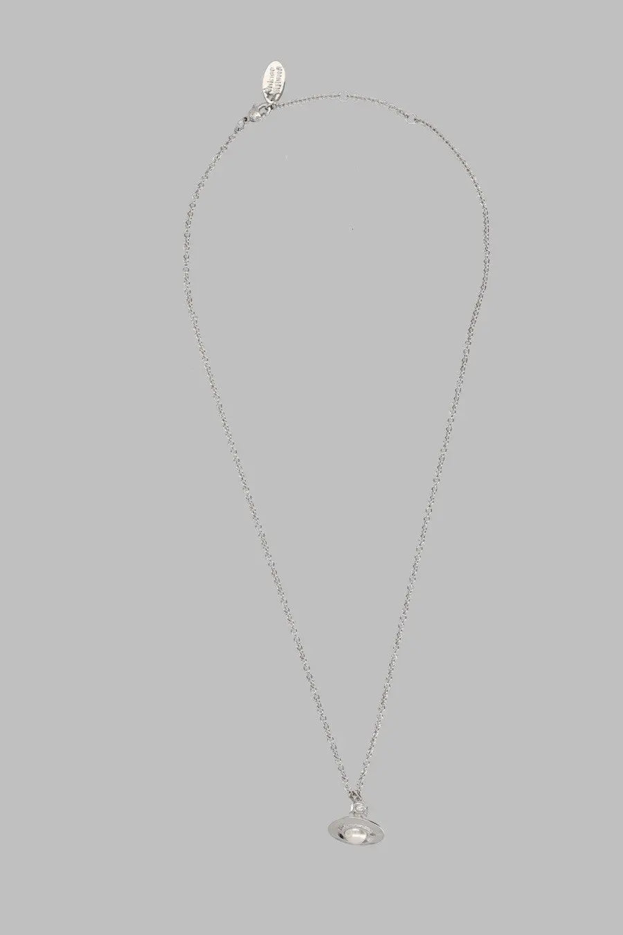 Vivienne Westwood women’s silver chain necklace with small oval pendant featuring clear gemstone