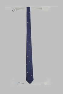 Vivienne Westwood women’s navy blue silk tie with subtle white embroidered orb pattern in seta cravatta style