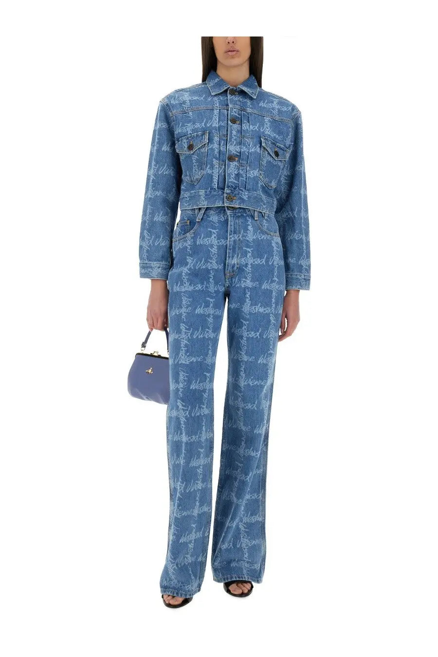 Vivienne westwood women’s marlene blue cropped jacket in blue denim with a handwritten script pattern