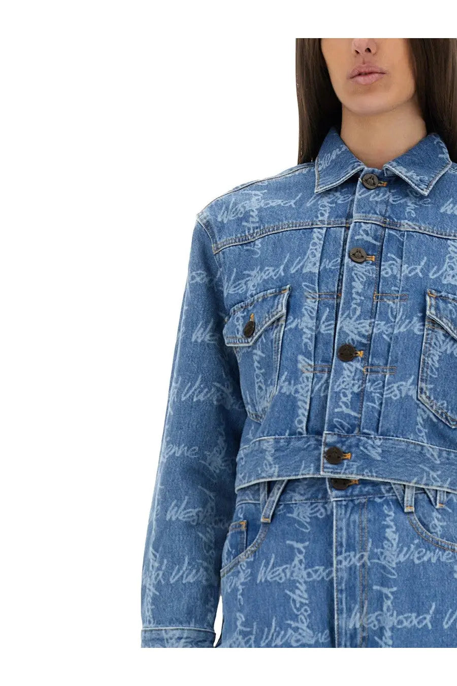 Vivienne westwood women’s cropped blue denim jacket with repeating westwood script print across fabric