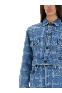 Vivienne westwood women’s cropped blue denim jacket with repeating westwood script print across fabric