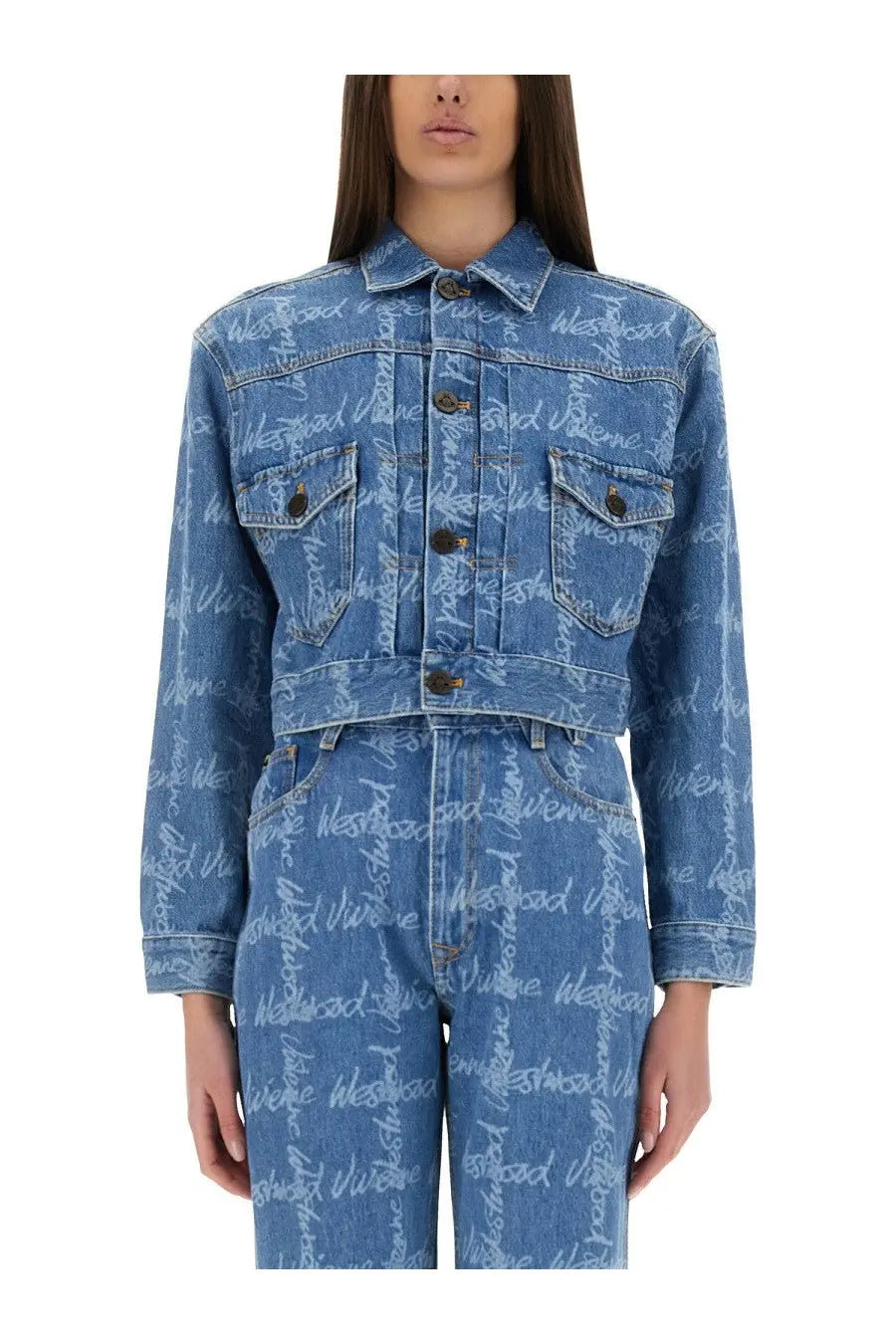 Vivienne westwood women’s cropped blue denim jacket with repeating westwood script print across the fabric