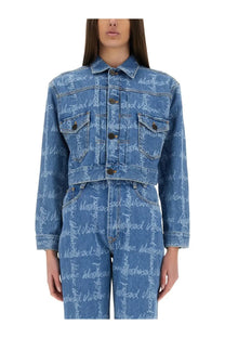 Vivienne westwood women’s cropped blue denim jacket with repeating westwood script print across the fabric