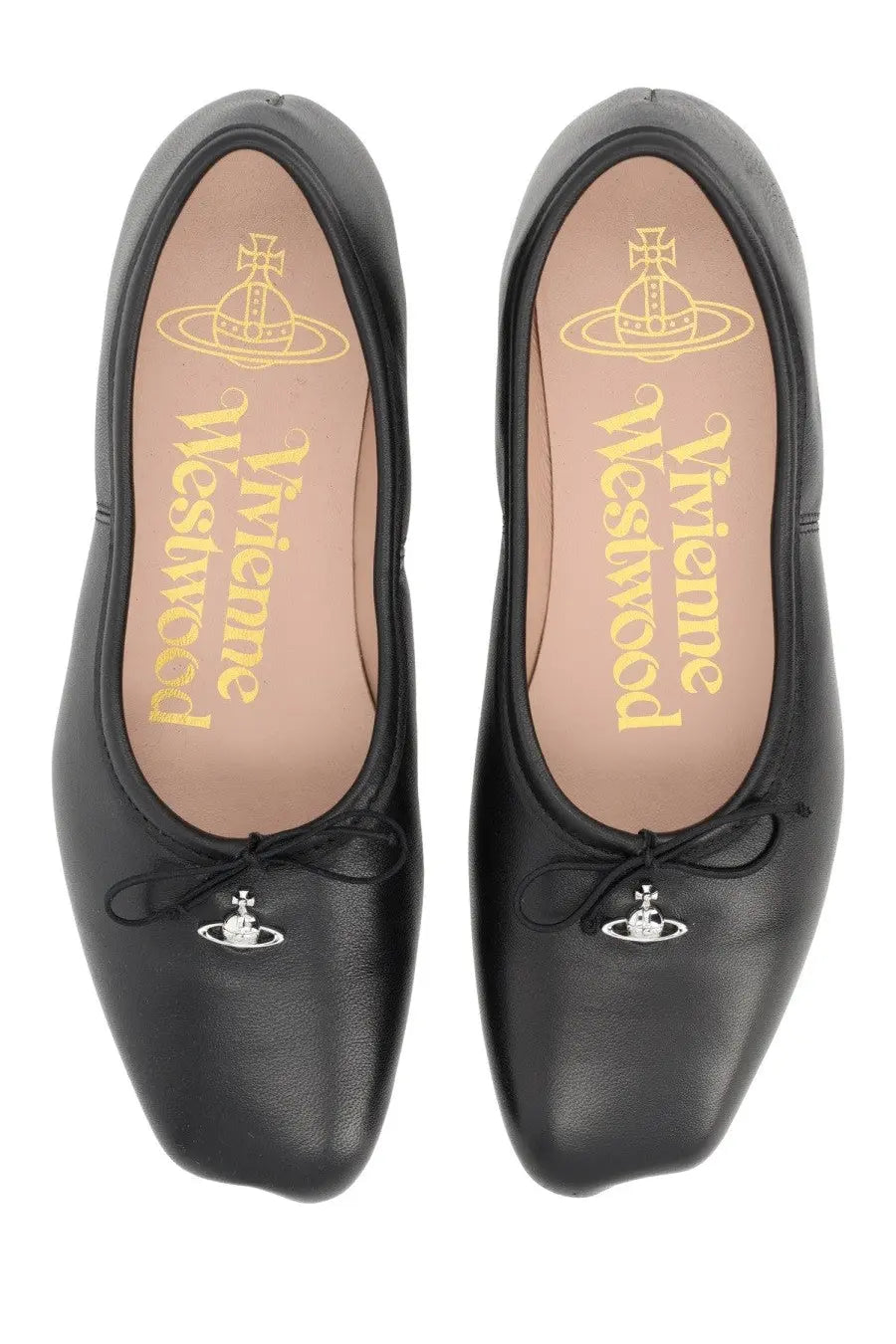 Vivienne Westwood women’s dancer Brigitte black leather ballerina flats with silver orb charm and gold branding insole