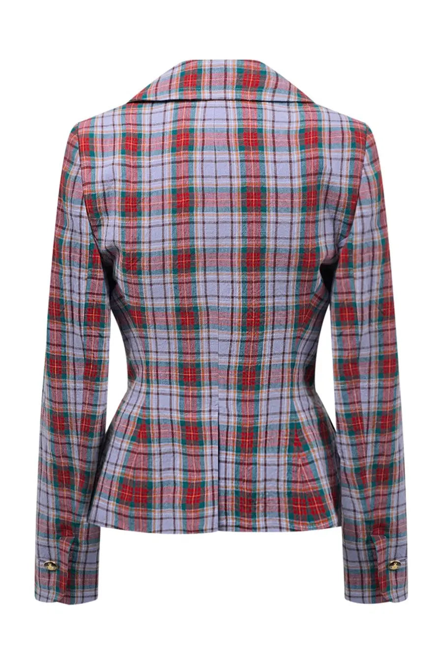 Vivienne Westwood women’s tailored blazer with red green lavender plaid and gold-toned button cuffs