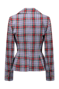 Vivienne Westwood women’s tailored blazer with red green lavender plaid and gold-toned button cuffs