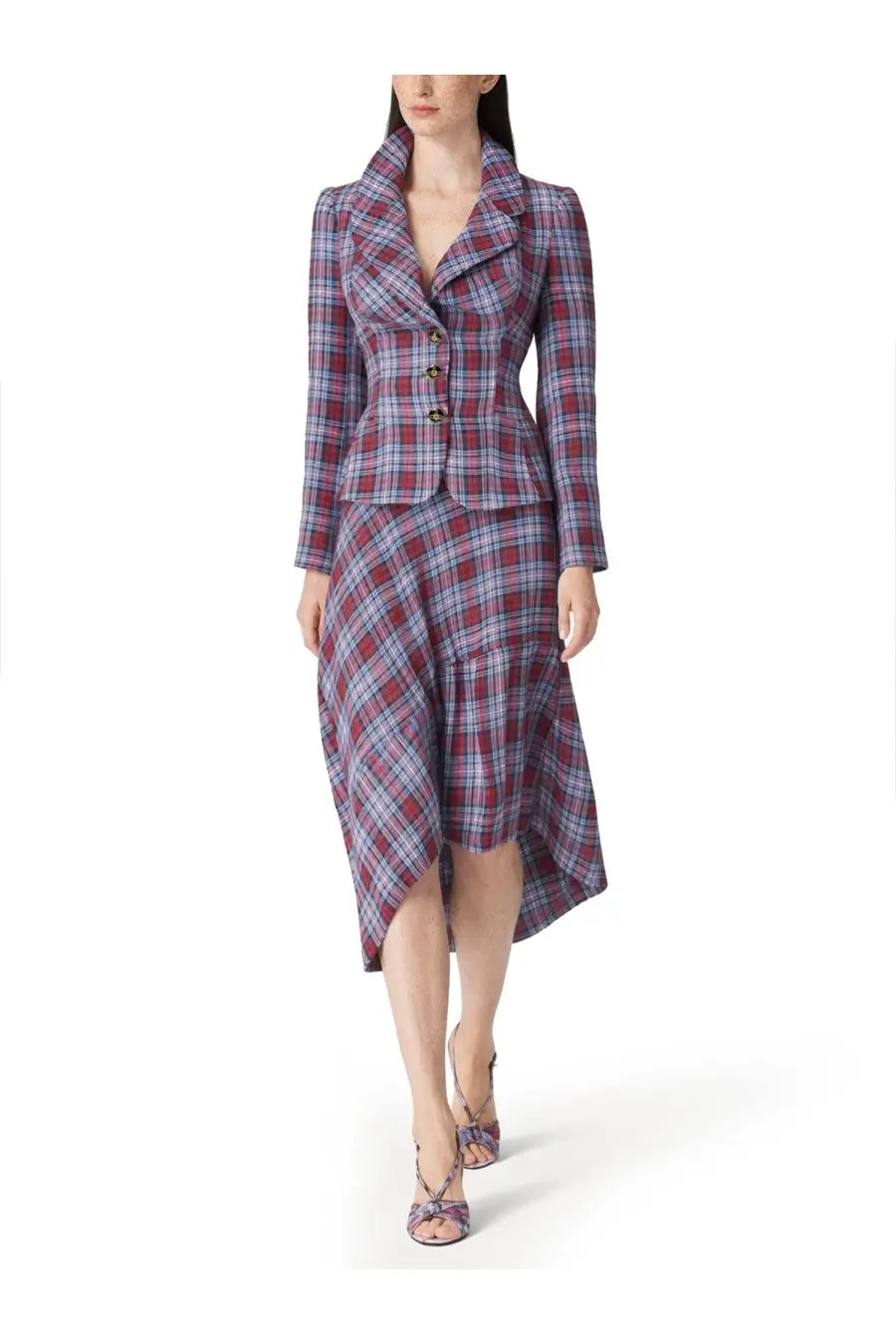 Vivienne westwood women’s drunken blazer multicolor tailored two-piece plaid suit with gold buttons in burgundy navy and white
