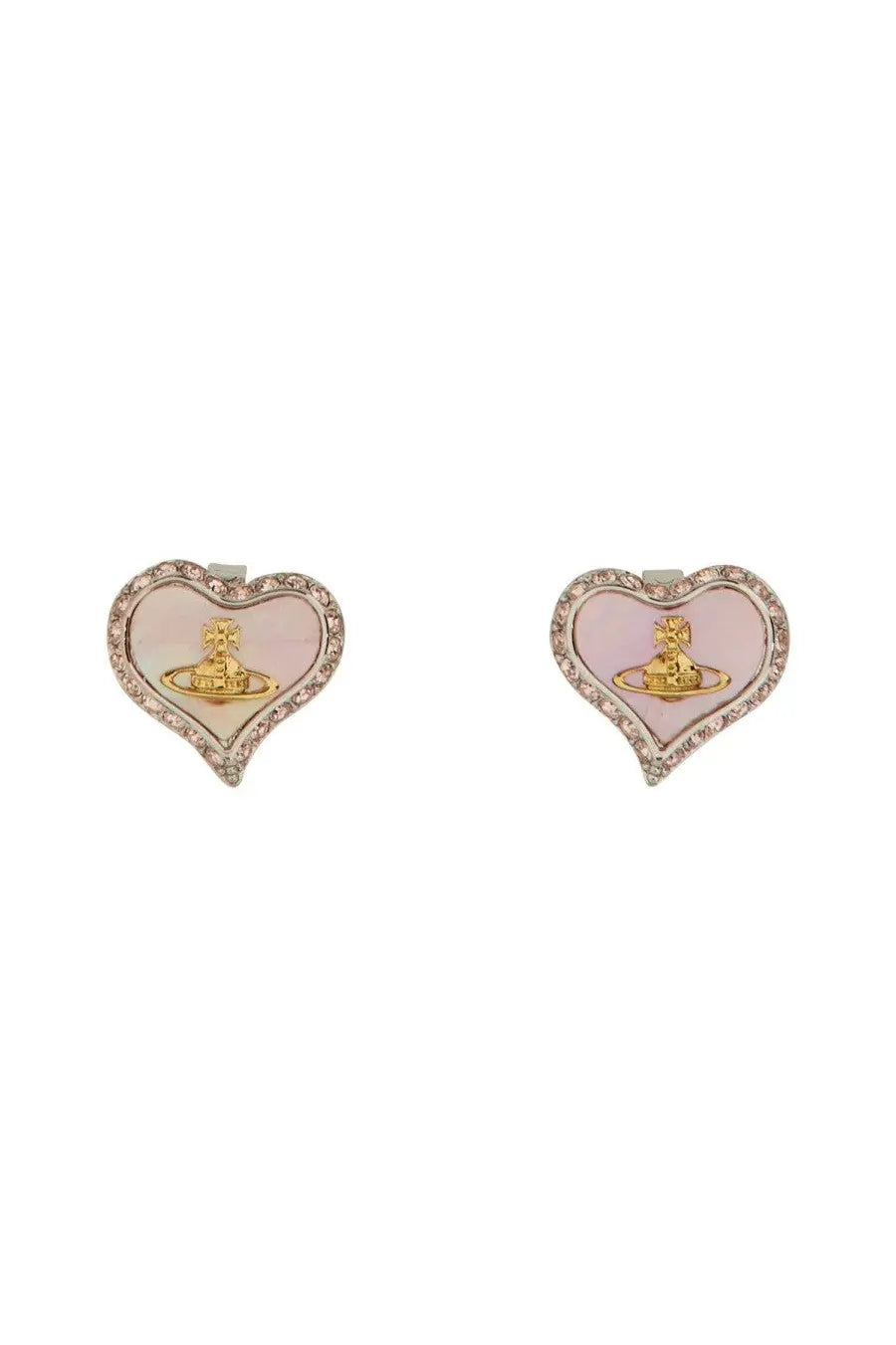 Pink heart-shaped stud earrings with gold-toned vivienne westwood orb logo and rhinestone border for women