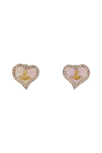 Pink heart-shaped stud earrings with gold-toned vivienne westwood orb logo and rhinestone border for women