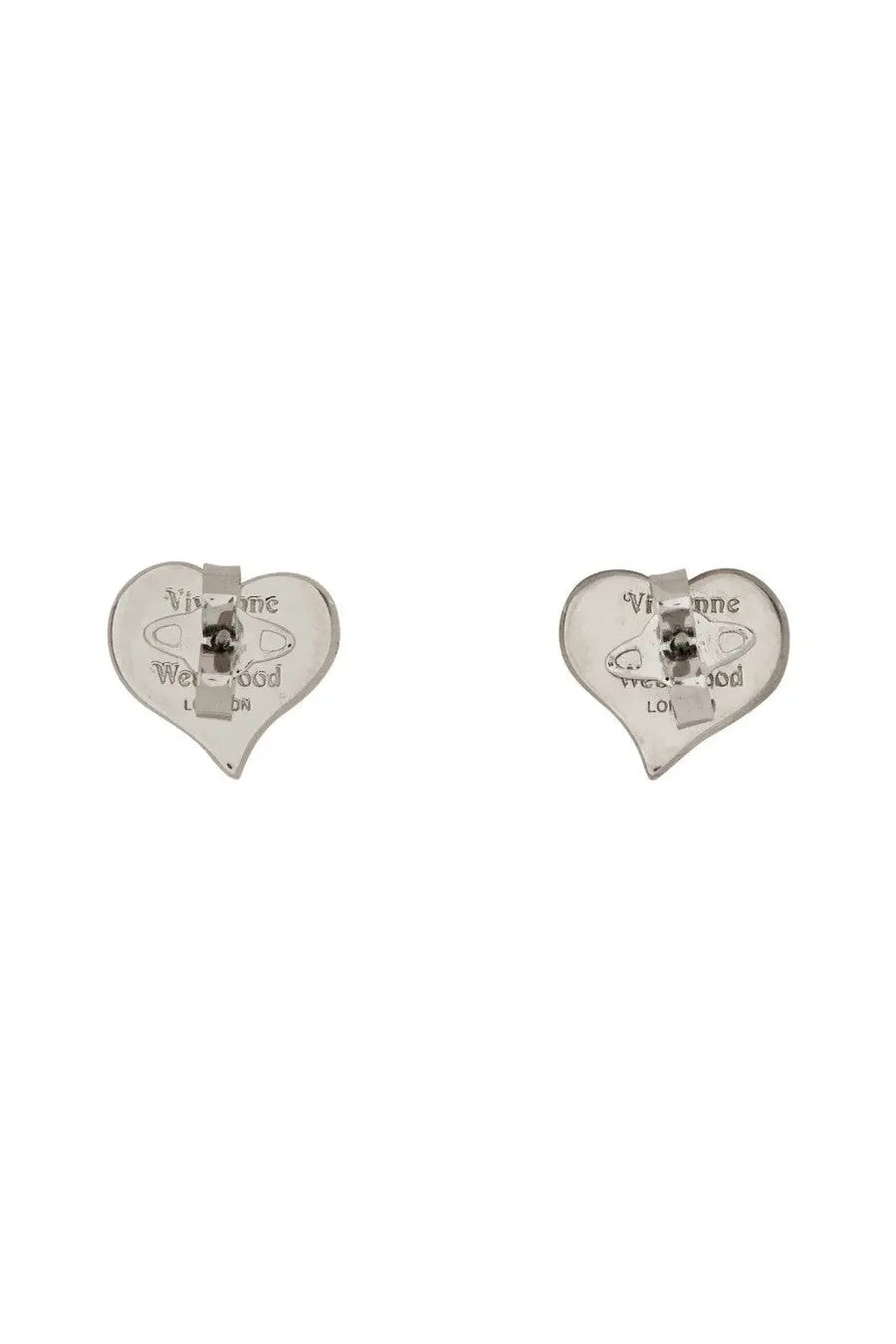 Silver heart-shaped stud earrings with minimalist design and engraved vivienne westwood branding