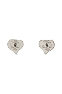 Silver heart-shaped stud earrings with minimalist design and engraved vivienne westwood branding