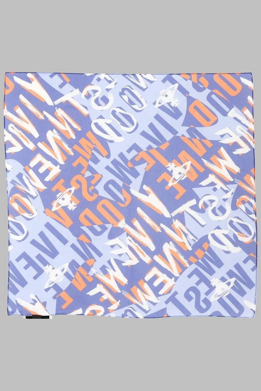 Vivienne Westwood women’s foulard logomania blue silk scarf with light blue orange pattern and bold live typography