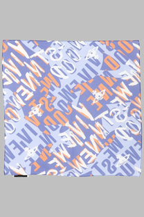 Vivienne Westwood women’s foulard logomania blue silk scarf with light blue orange pattern and bold live typography