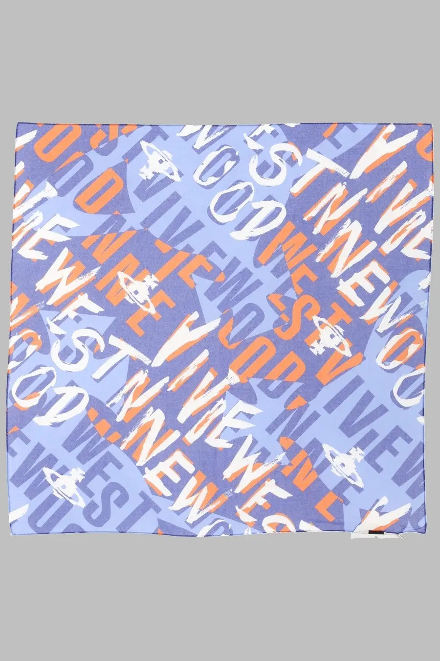 Vivienne westwood women’s foulard logomania blue light blue square scarf with bold orange and white westwind text pattern