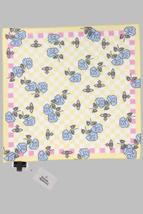Vivienne Westwood women’s foulard featuring a pale yellow pixelated floral pattern with blue roses and pink checkered borders