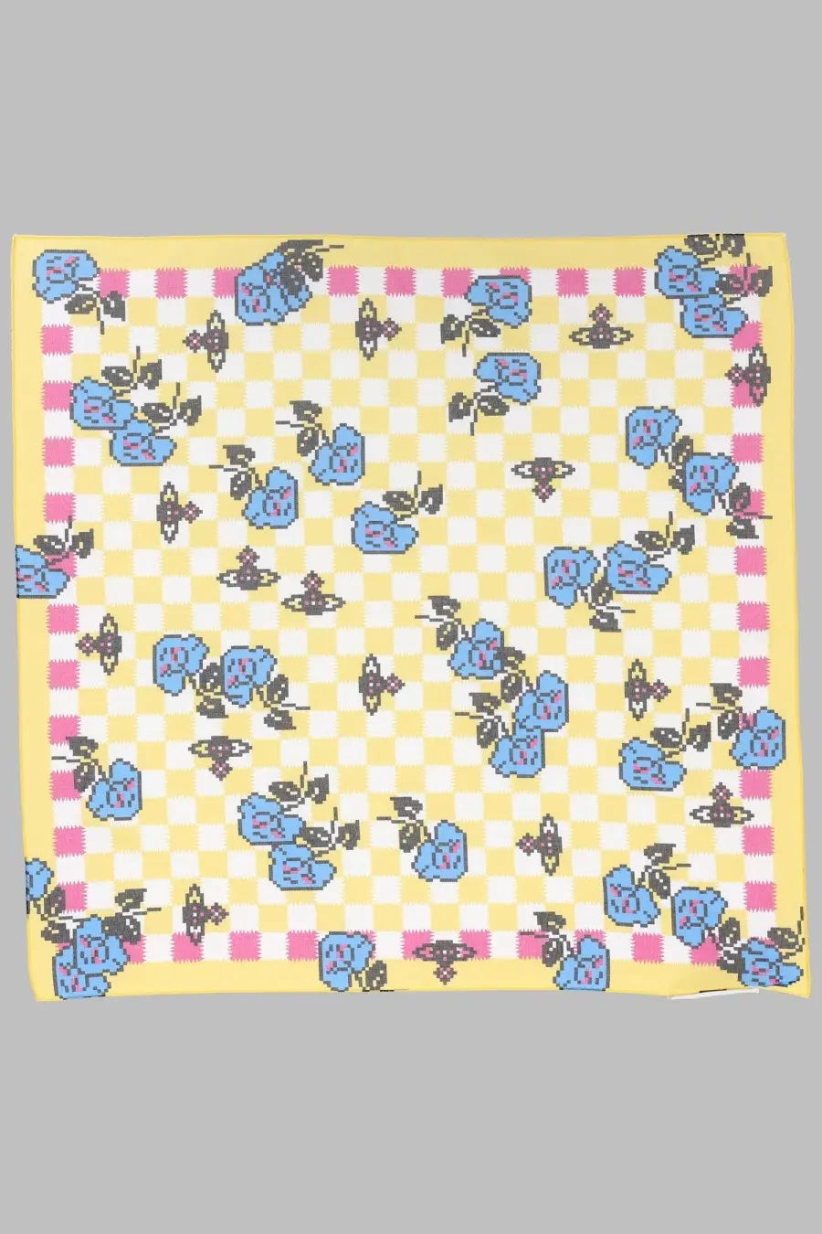 Vivienne Westwood women’s foulard yellow handkerchief with checkered border and blue floral pixel rose pattern