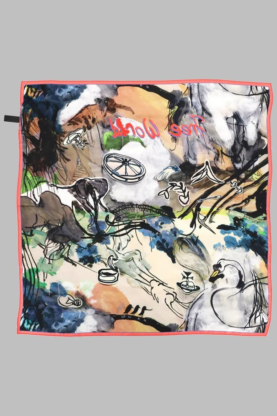Vivienne Westwood women’s silk scarf with vibrant abstract patterns coral border and black ink illustrations multicolor