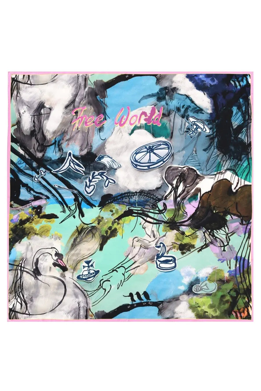Vivienne westwood women’s foulard in seta multicolor vibrant abstract square scarf with pink border and surreal swans design