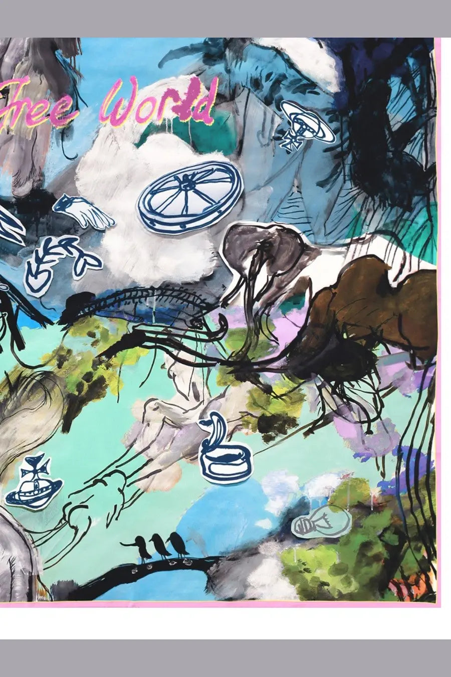 Vivienne Westwood women’s foulard in seta multicolor featuring a vibrant abstract scarf with whimsical wheels and boats design