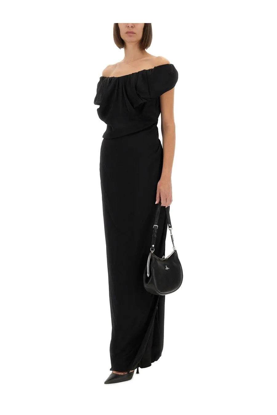 Black leather vivienne westwood handbag with silver hardware and small logo on front for women’s ginnie amber dress