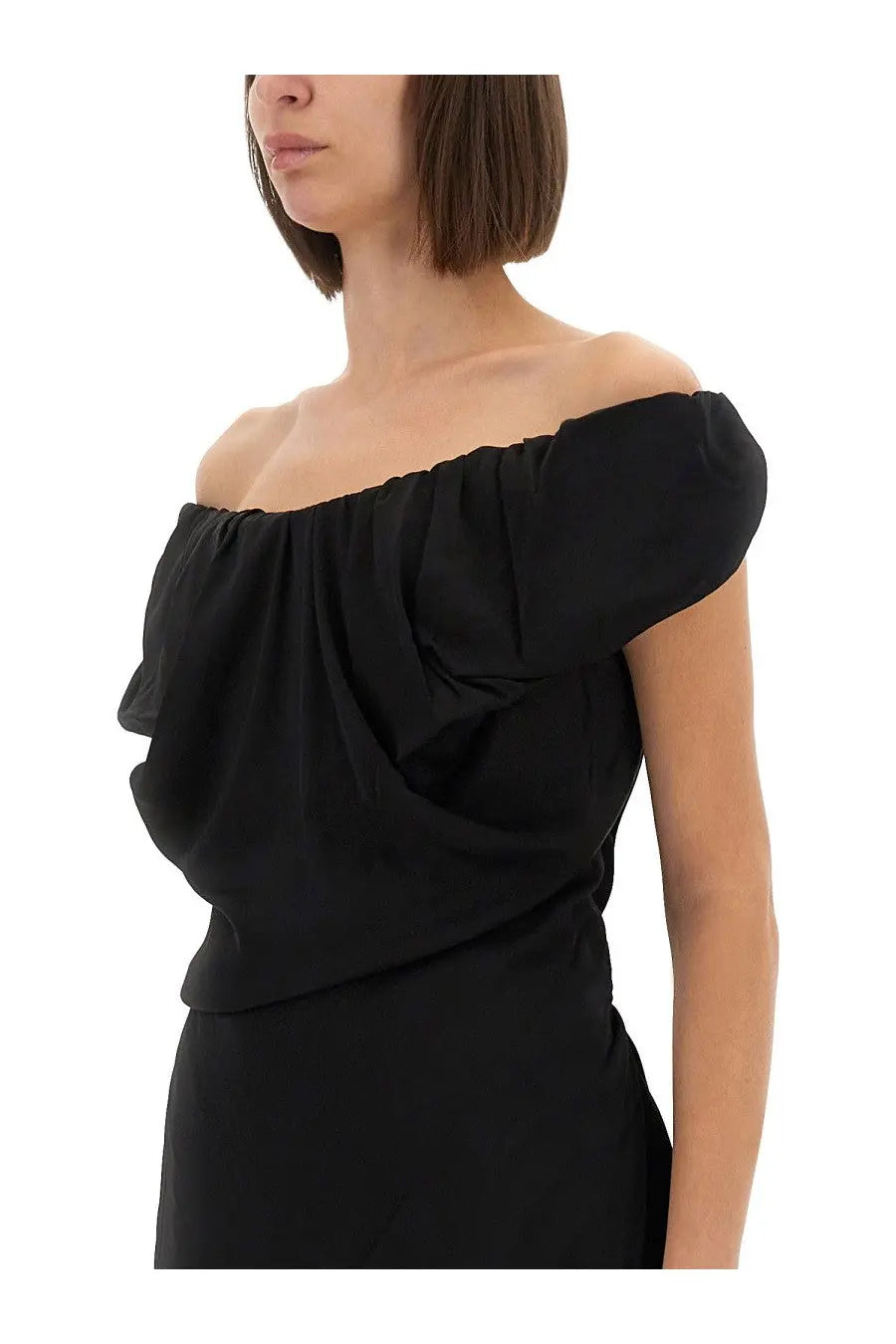 Vivienne Westwood women’s ginnie amber long dress black with off-the-shoulder ruched puffed sleeves and draped bodice