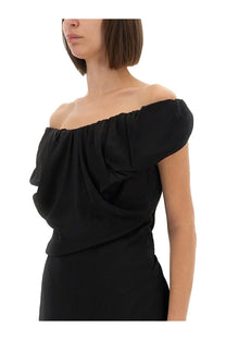 Vivienne Westwood women’s ginnie amber long dress black with off-the-shoulder ruched puffed sleeves and draped bodice