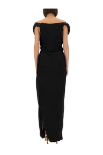 Vivienne Westwood women’s black off-the-shoulder maxi dress with ruched sleeves and high slit design