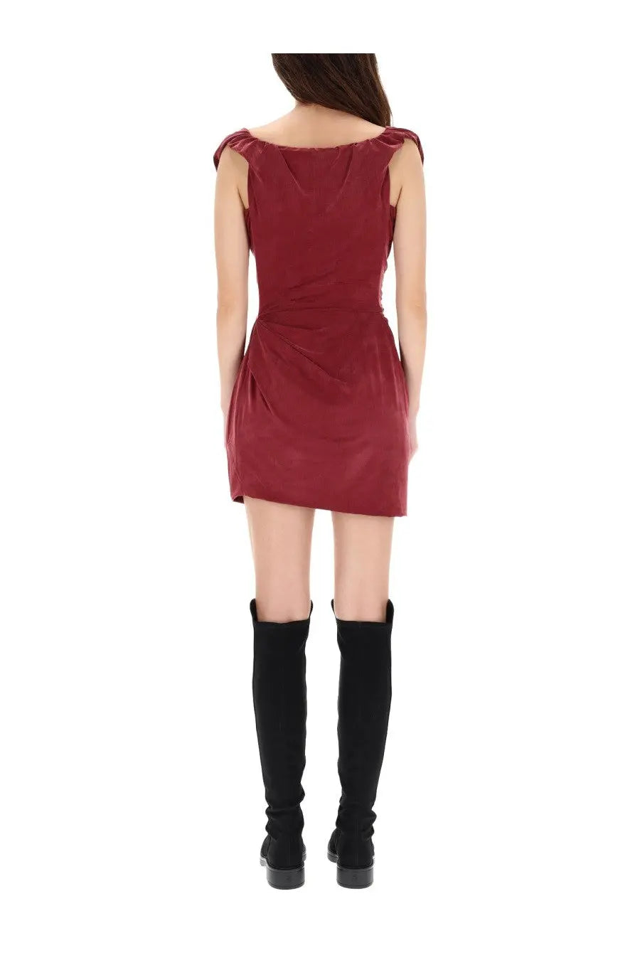 Vivienne Westwood women’s burgundy velvet mini dress with puffed shoulder straps and a cinched waist