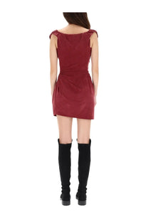 Vivienne Westwood women’s burgundy velvet mini dress with puffed shoulder straps and a cinched waist