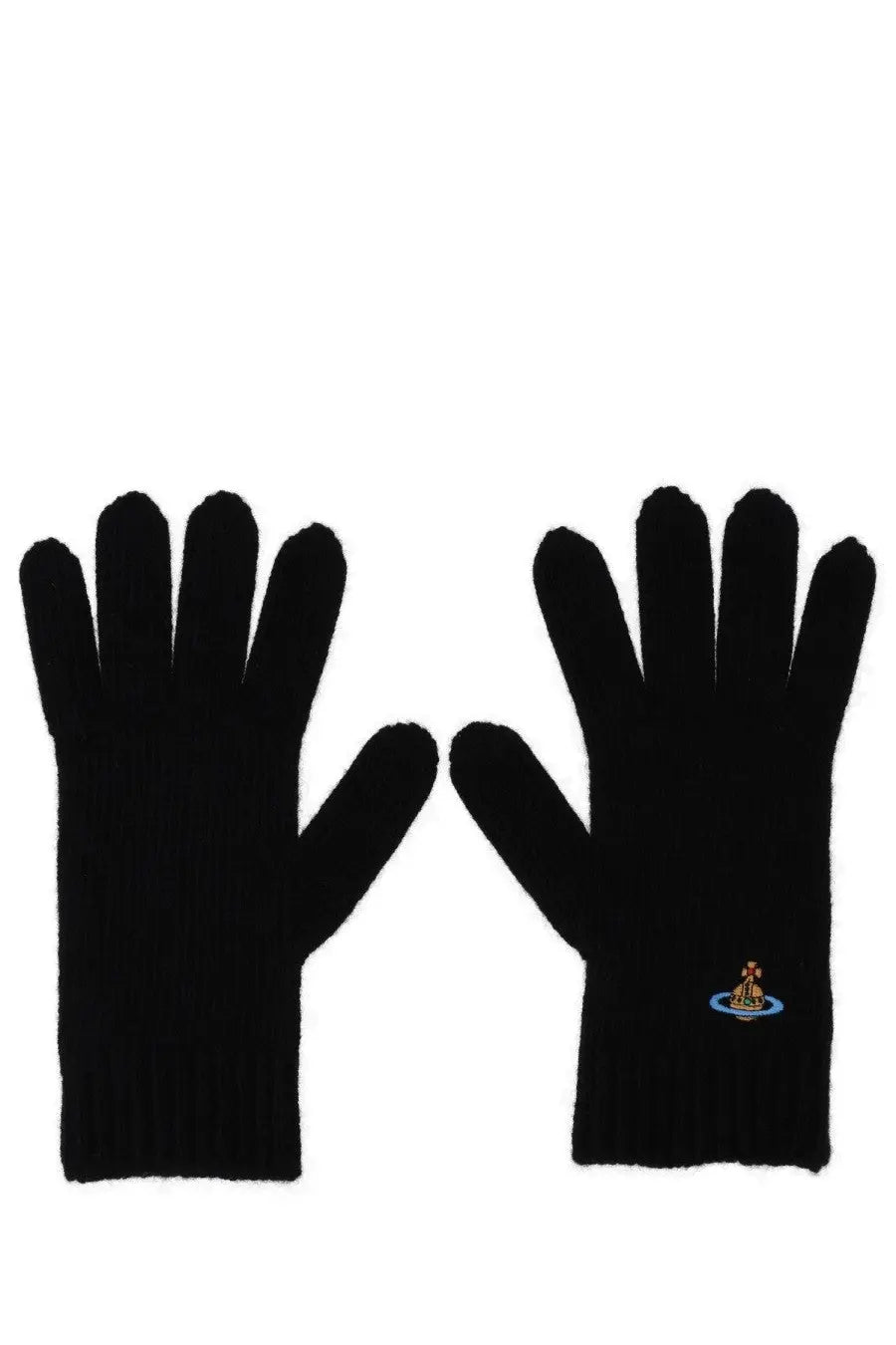 Vivienne westwood women’s black knitted gloves with small embroidered logo on the wrist back side view
