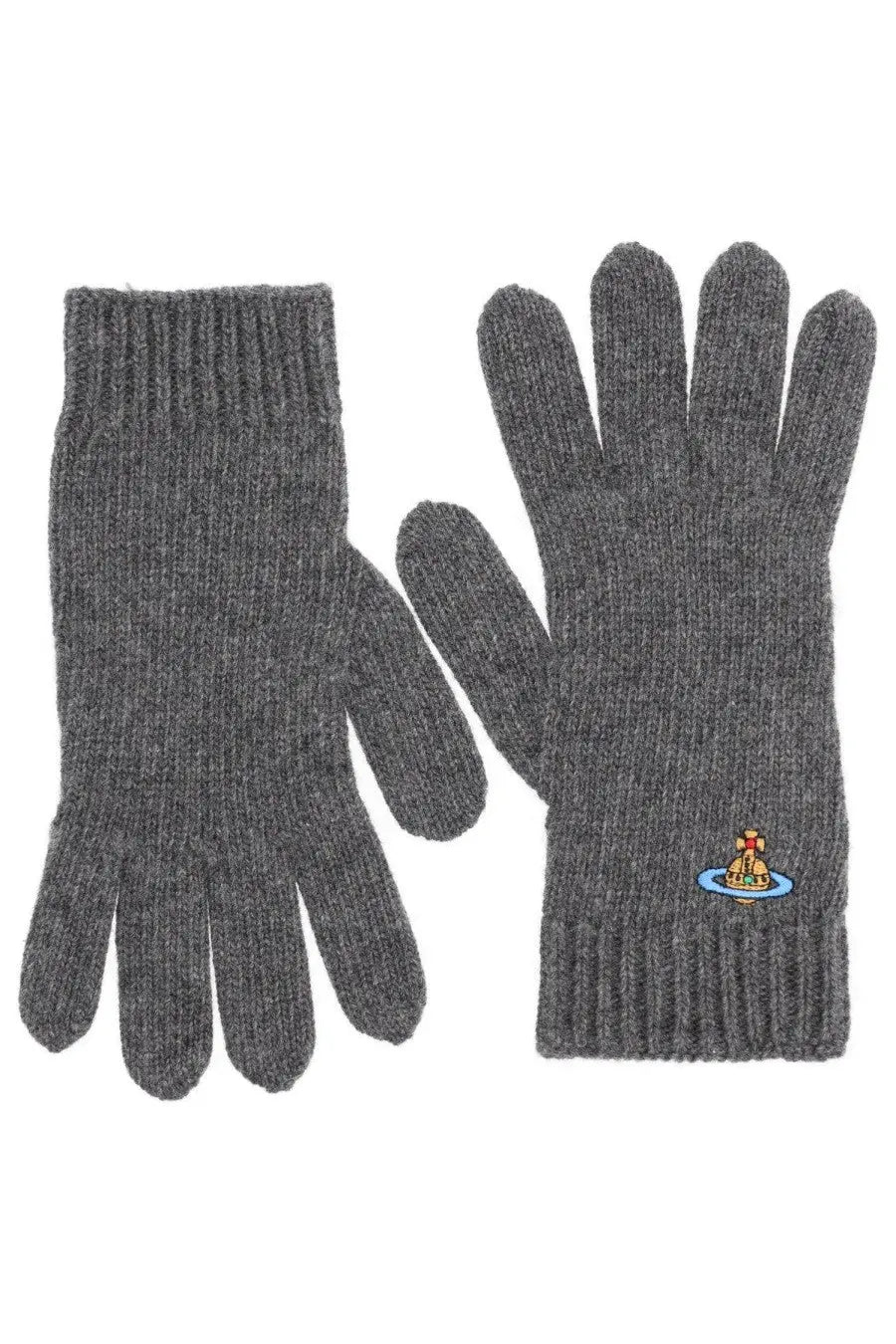 Vivienne westwood women’s grey knitted gloves with small embroidered logo on the wrist showing the back side