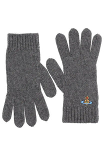 Vivienne westwood women’s grey knitted gloves with small embroidered logo on the wrist showing the back side