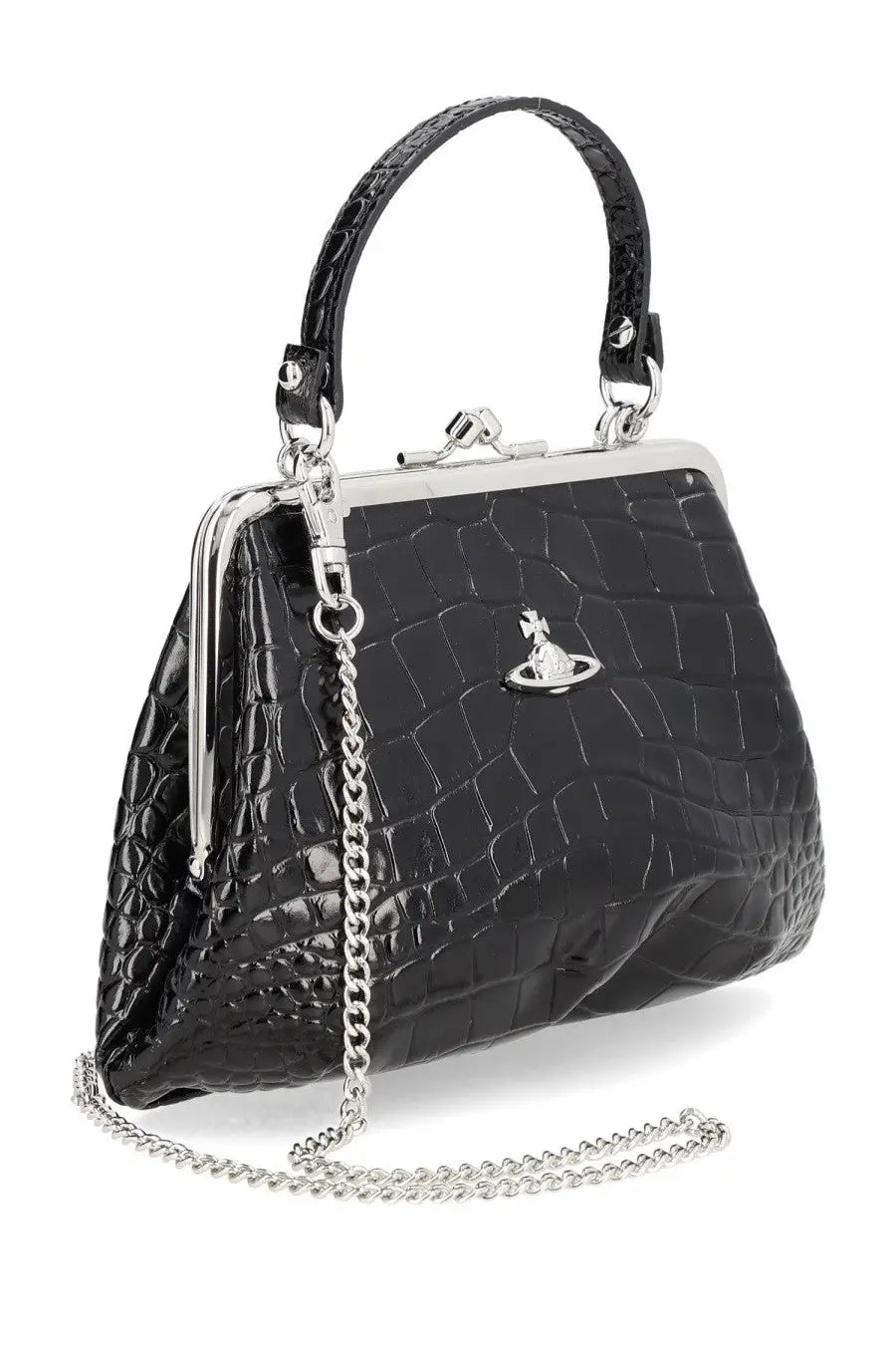 Vivienne Westwood women’s granny frame bag black with crocodile-embossed patent leather and silver metal chain strap