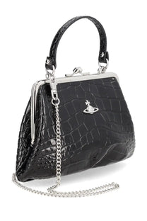 Vivienne Westwood women’s granny frame bag black with crocodile-embossed patent leather and silver metal chain strap