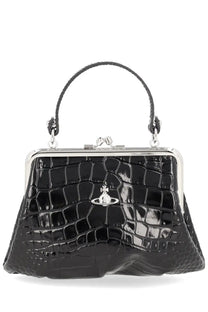Vivienne Westwood women’s granny frame bag black crocodile-embossed patent leather with silver frame and orb logo