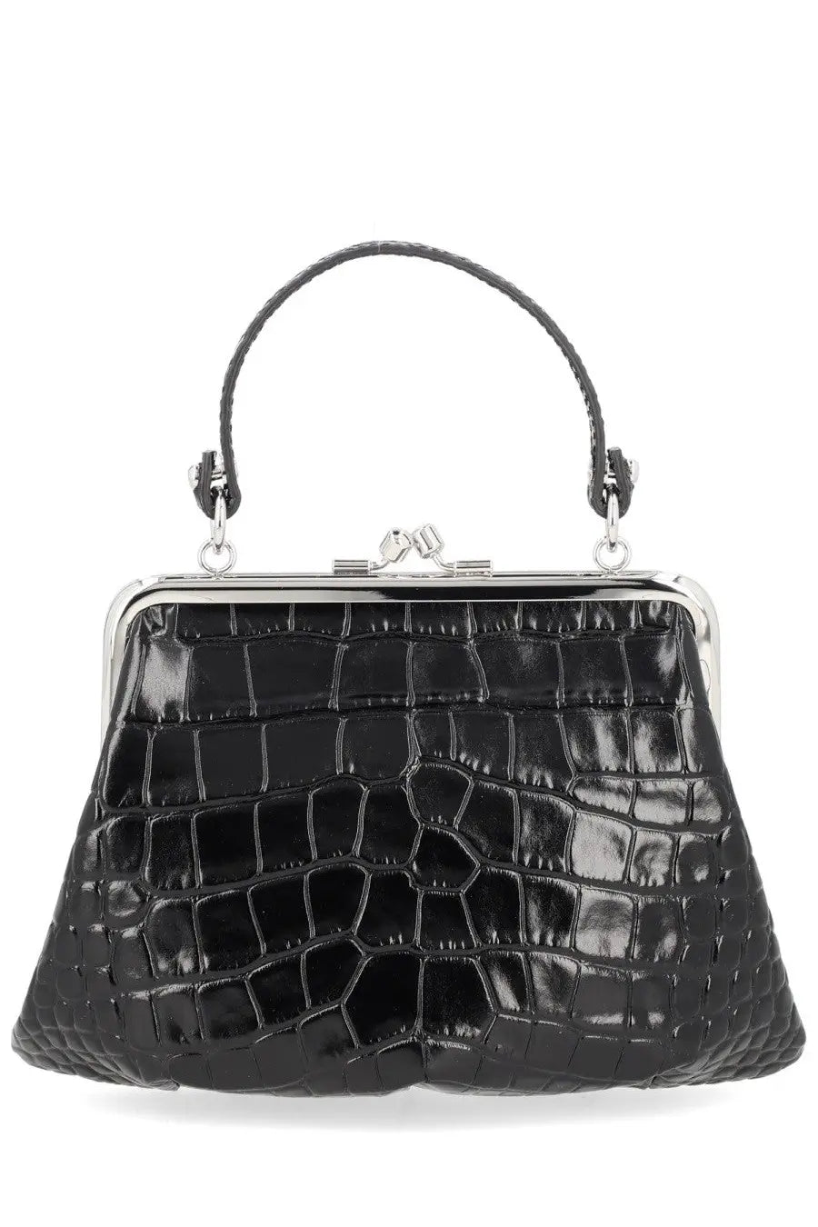 Vivienne Westwood women’s granny frame bag black crocodile-embossed patent leather clutch with silver frame and handle